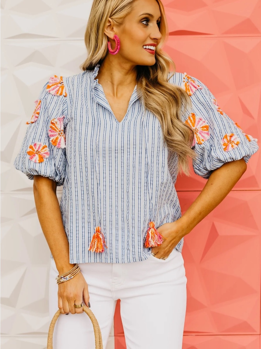 THML Light Blue Striped V-Neck Blouse with Multicolor Embroidery